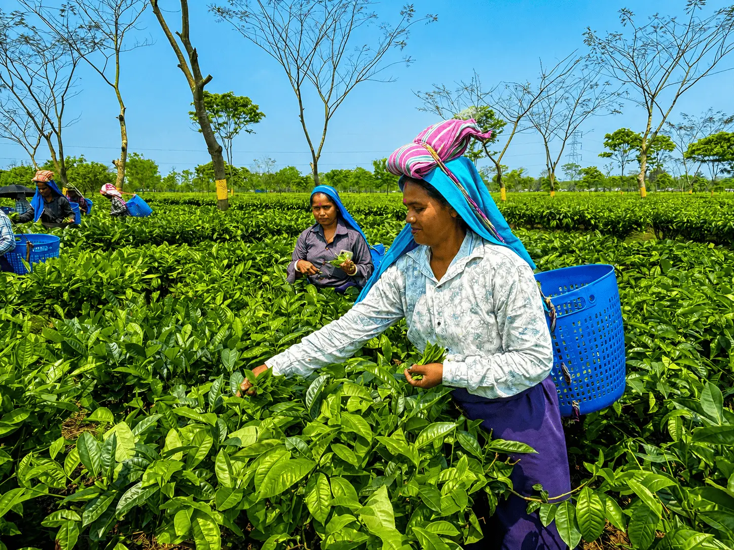 Hand-plucking two leaves and a bud for Assam Orthodox tea